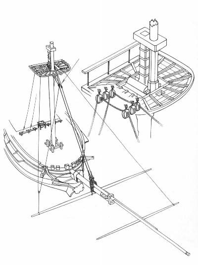 Фрагмент из книги Lennarth Peterssen "Rigging Period Ship Models", иллюстрирующий проводку блинда-брасов