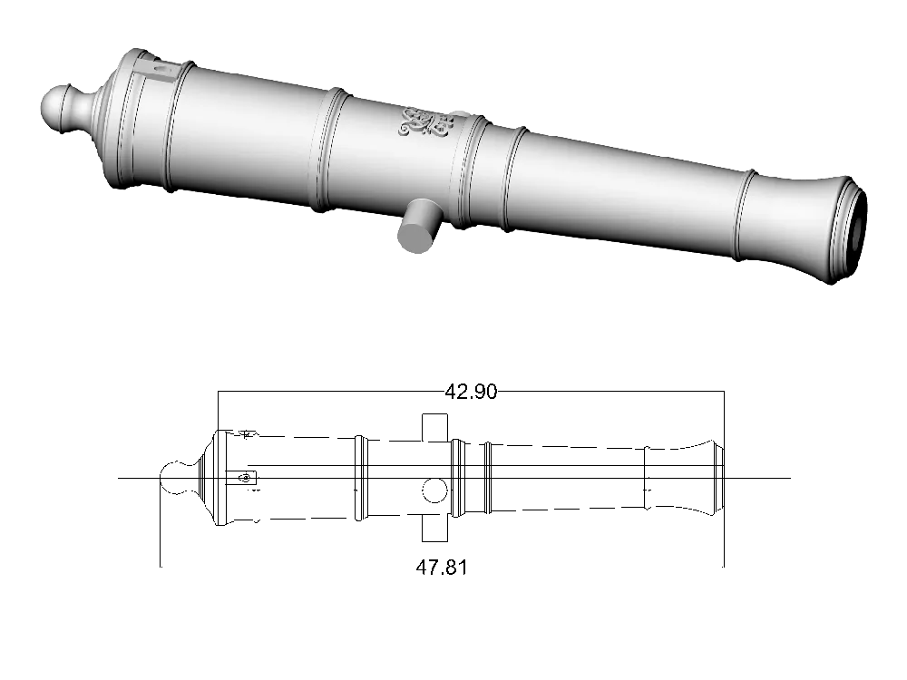 Ствол пушки тип Armstrong, герб Георг 3, 18 фунтов, масштаб 1:64, длина 47,8 мм, 2 шт