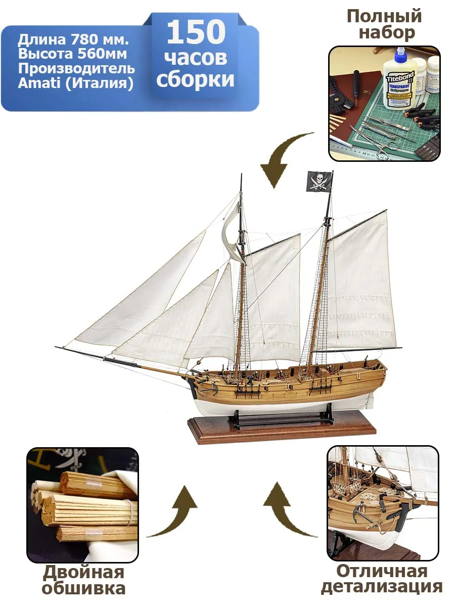 Пиратская шхуна (Adventure pirate schooner) + (Полный набор инструментов, клея и краски)