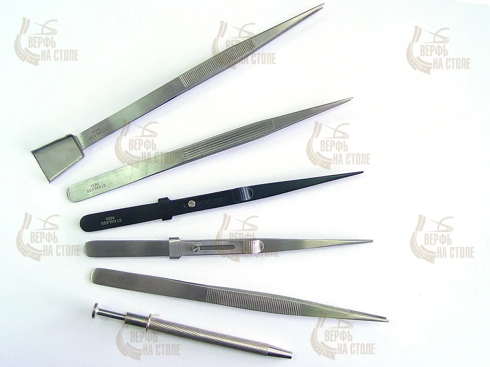 Набор из 5 ювелирных 16 см пинцетов и ухвата Набор из 5 ювелирных 16 см пинцетов и ухвата