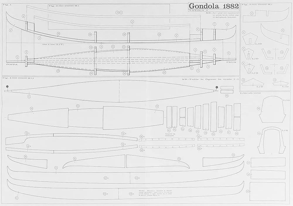 Чертеж венецианской гондолы 1882 года Чертеж венецианской гондолы 1882 года