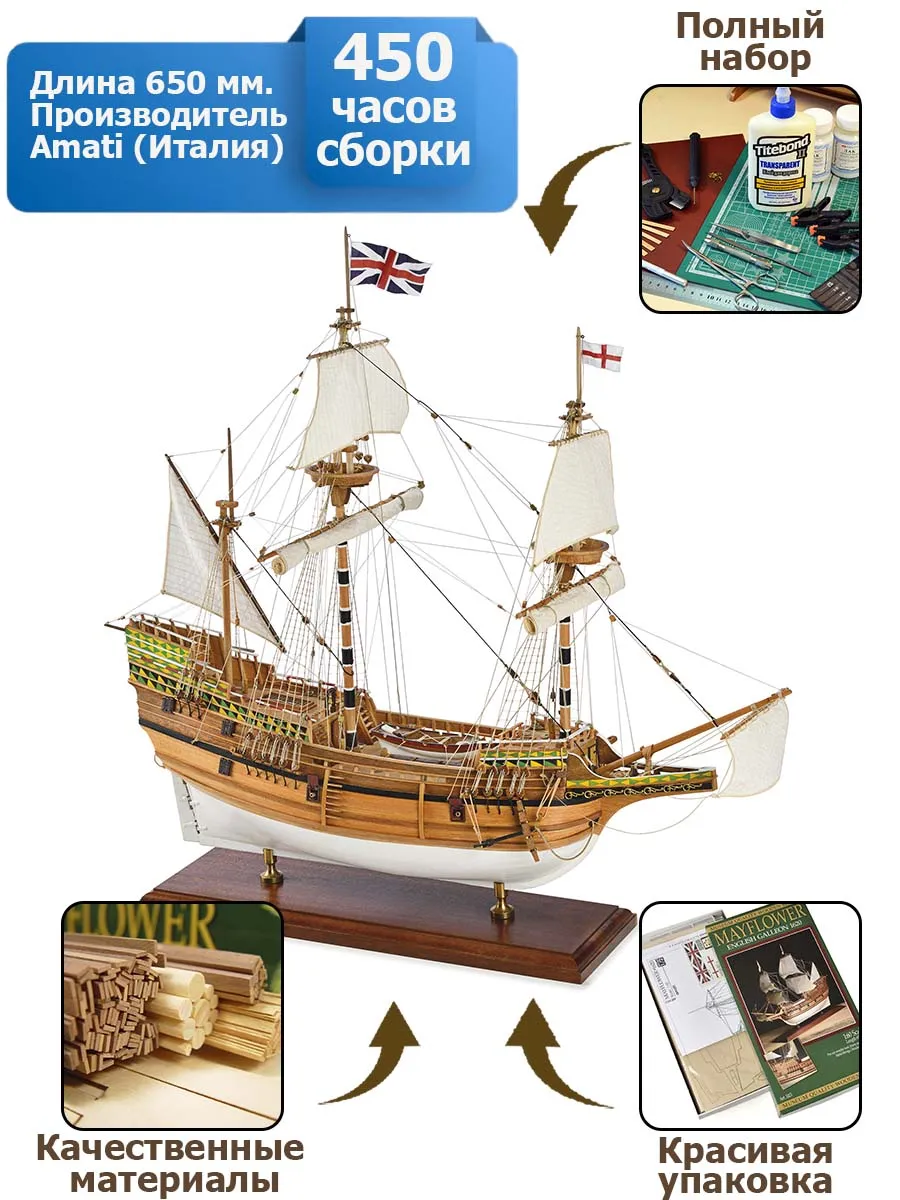 Английский галеон Mayflower + (Полный набор инструментов, клея и краски) Английский галеон Mayflower + (Полный набор инструментов, клея и краски)