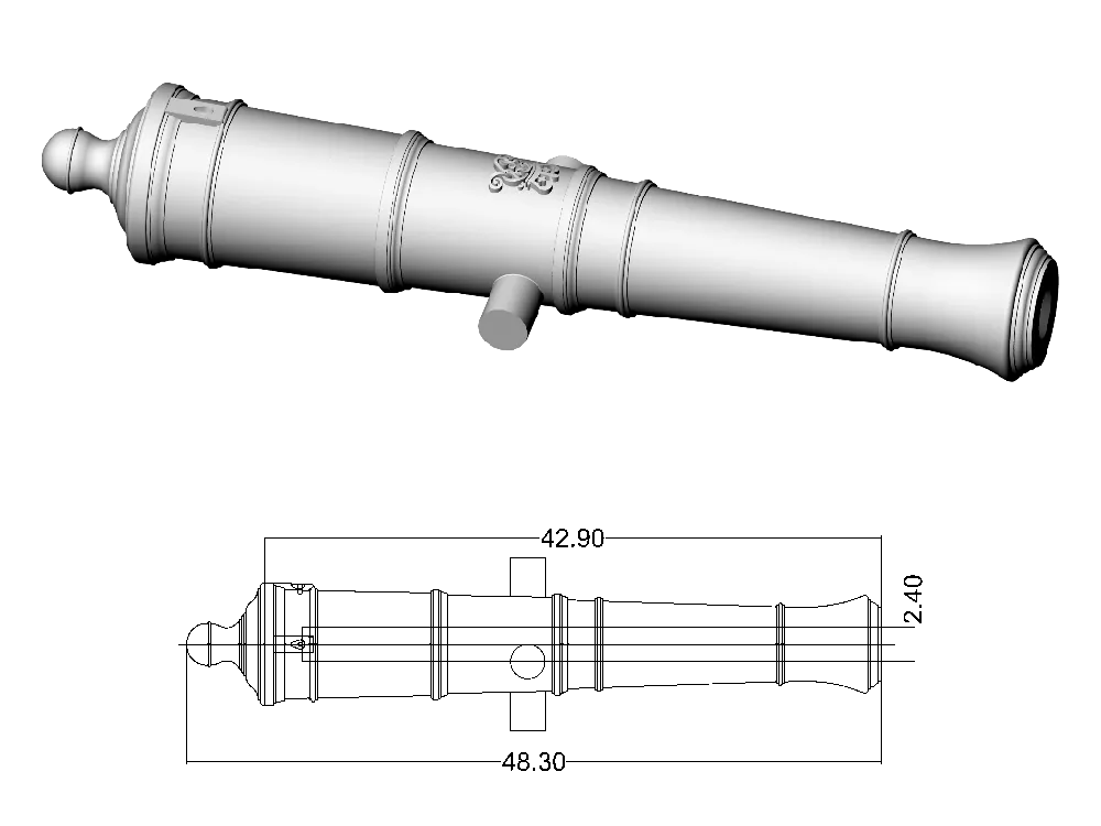 Ствол пушки тип Armstrong, герб Георг 3, 24 фунта, масштаб 1:64, длина 48,3 мм, 2 шт Ствол пушки тип Armstrong, герб Георг 3, 24 фунта, масштаб 1:64, длина 48,3 мм, 2 шт