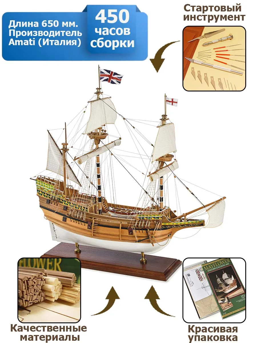 Английский галеон Mayflower + (Стартовый набор инструментов) Английский галеон Mayflower + (Стартовый набор инструментов)