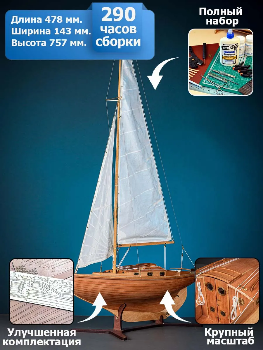 Яхта Folkboat, комплектация Продвинутая + (Полный набор инструментов, клея и лак) Яхта Folkboat, комплектация Продвинутая + (Полный набор инструментов, клея и лак)