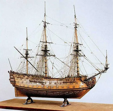 Общий вид модели 90-пушечного корабля второго ранга Marlborough, 1708 г