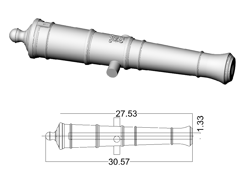 Ствол пушки тип Armstrong, герб Георг 3, 6 фунтов, масштаб 1:72, длина 30,6 мм, 2 шт Ствол пушки тип Armstrong, герб Георг 3, 6 фунтов, масштаб 1:72, длина 30,6 мм, 2 шт
