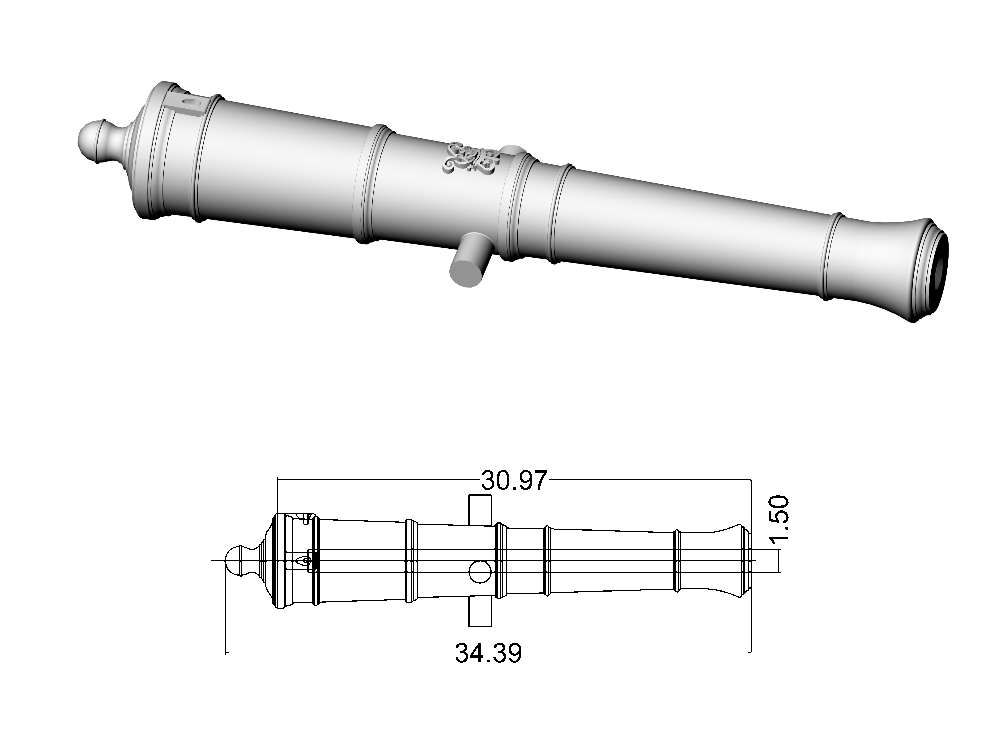 Ствол пушки тип Armstrong, герб Георг 3, 6 фунтов, масштаб 1:64, длина 34,4 мм, 2 шт Ствол пушки тип Armstrong, герб Георг 3, 6 фунтов, масштаб 1:64, длина 34,4 мм, 2 шт