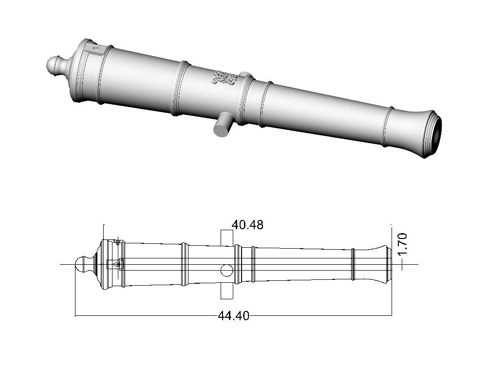 Ствол пушки тип Armstrong, герб Георг 3, 9 фунтов, масштаб 1:64, длина 44,4 мм, 2 шт Ствол пушки тип Armstrong, герб Георг 3, 9 фунтов, масштаб 1:64, длина 44,4 мм, 2 шт