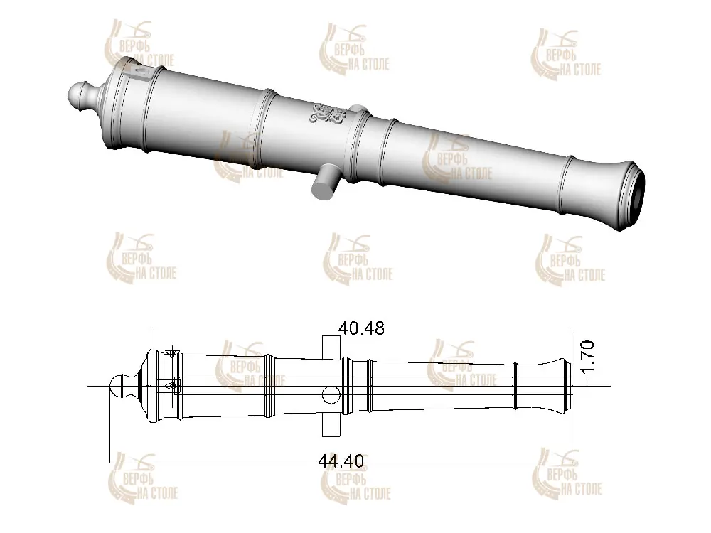 Ствол пушки тип Armstrong, герб Георг 3, 9 фунтов, масштаб 1:64, длина 44,4 мм, 2 шт Ствол пушки тип Armstrong, герб Георг 3, 9 фунтов, масштаб 1:64, длина 44,4 мм, 2 шт